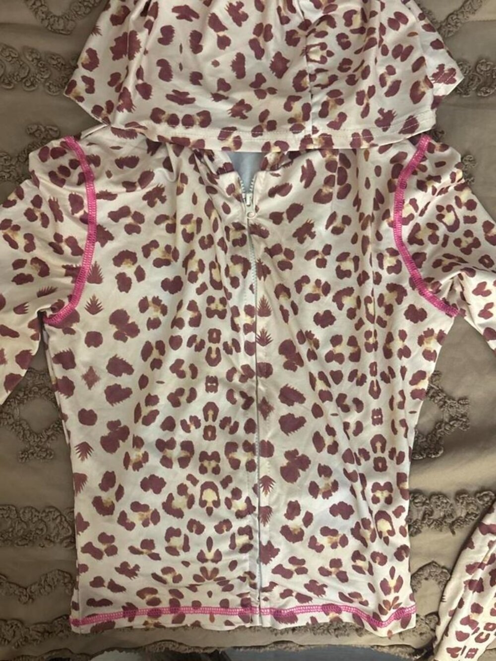 Cream Leopard Print Full Zip Hooded Long Sleeve Jacket Pink Stitch Trim
